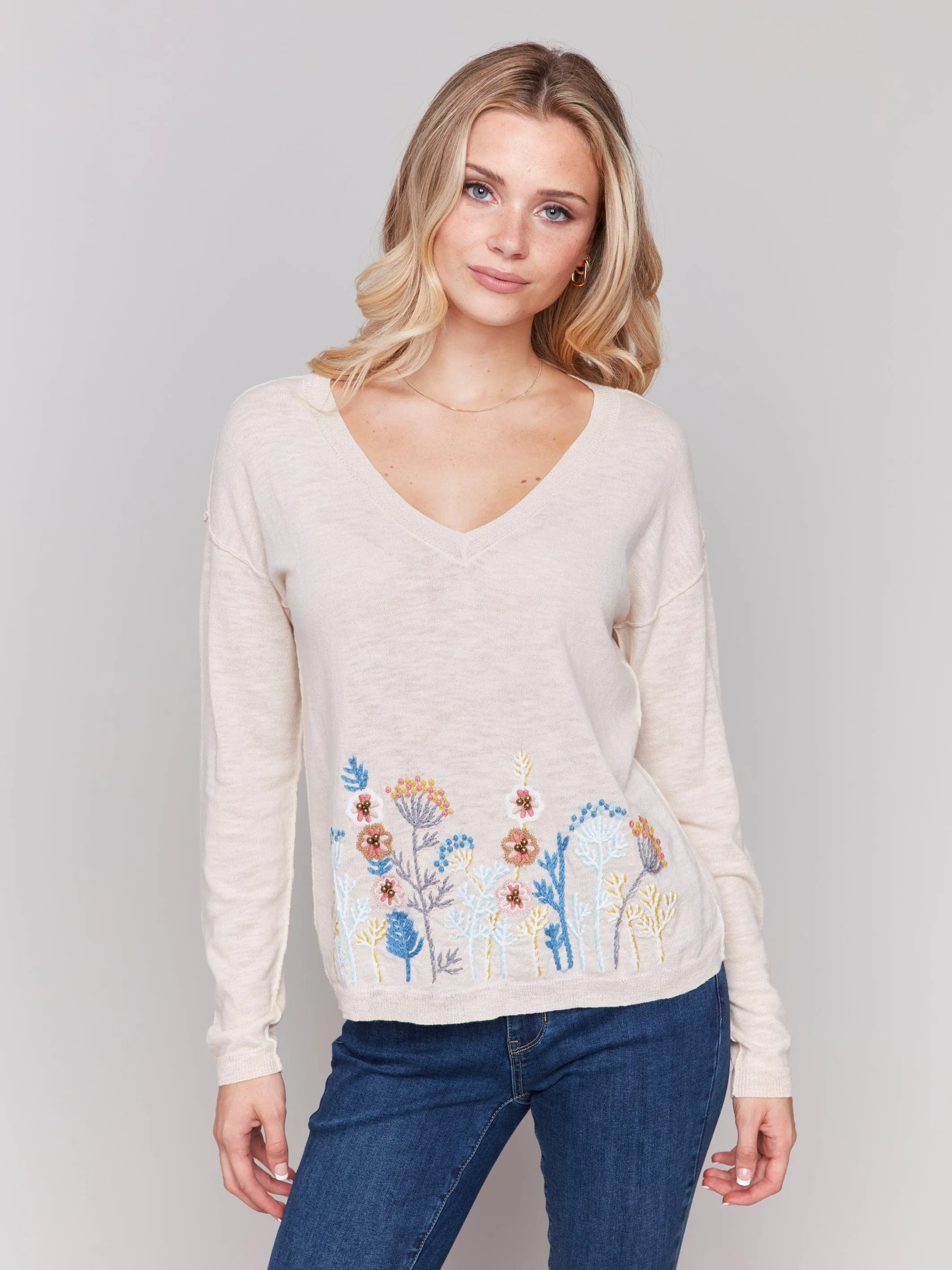 Charlie B Border Embroidered V-Neck Light Cotton Sweater - C2802
