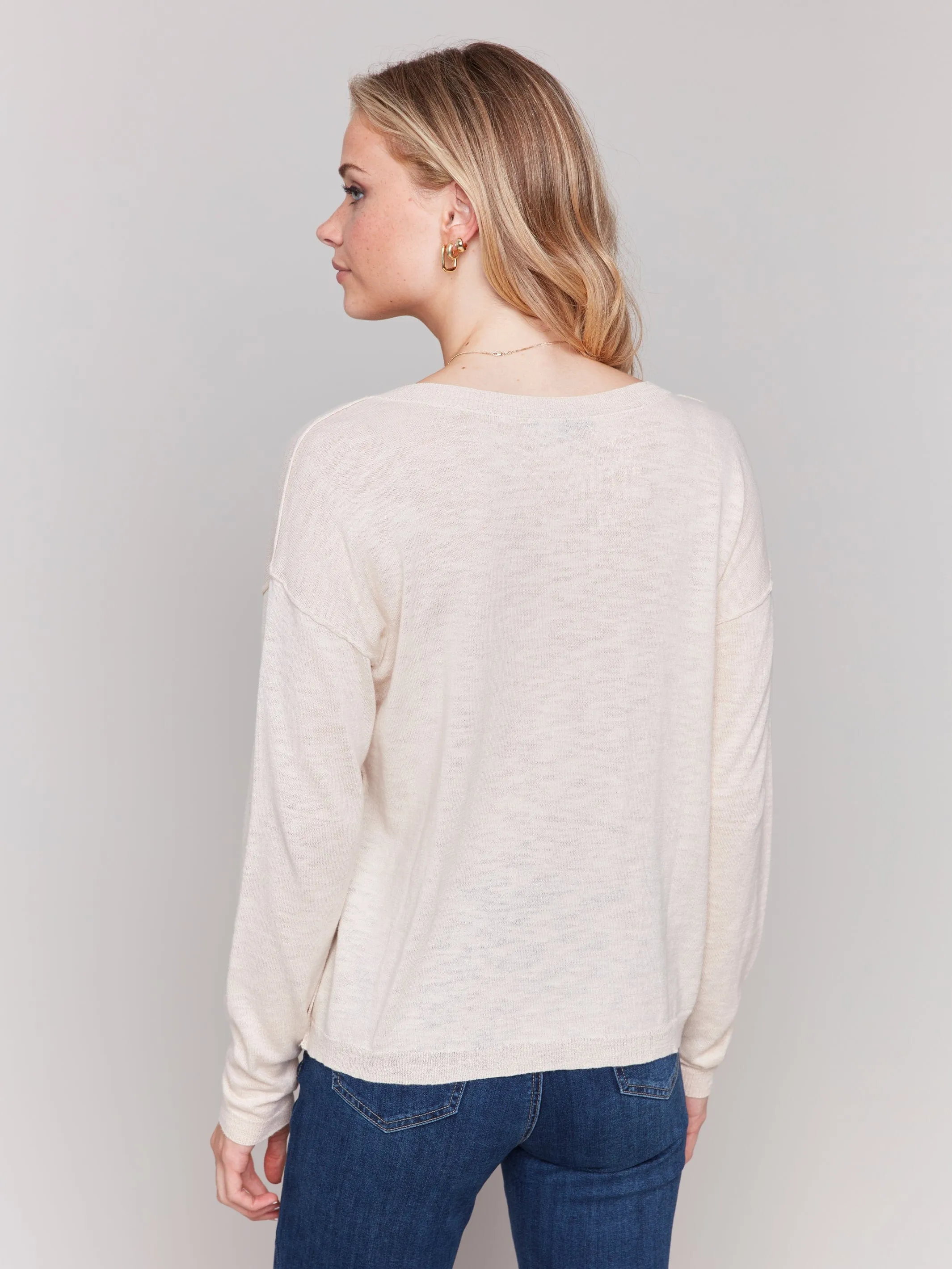 Charlie B Border Embroidered V-Neck Light Cotton Sweater - C2802