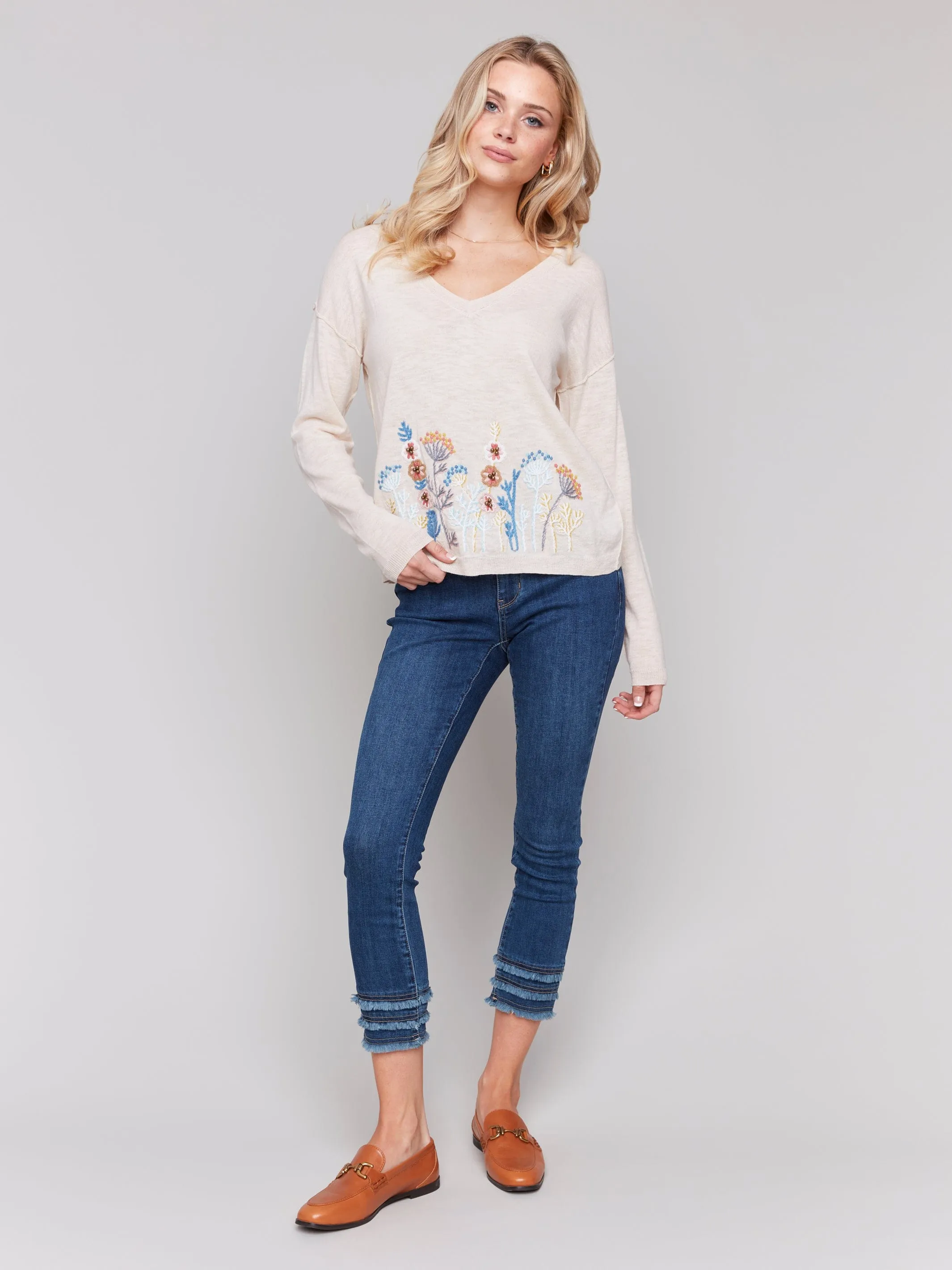 Charlie B Border Embroidered V-Neck Light Cotton Sweater - C2802