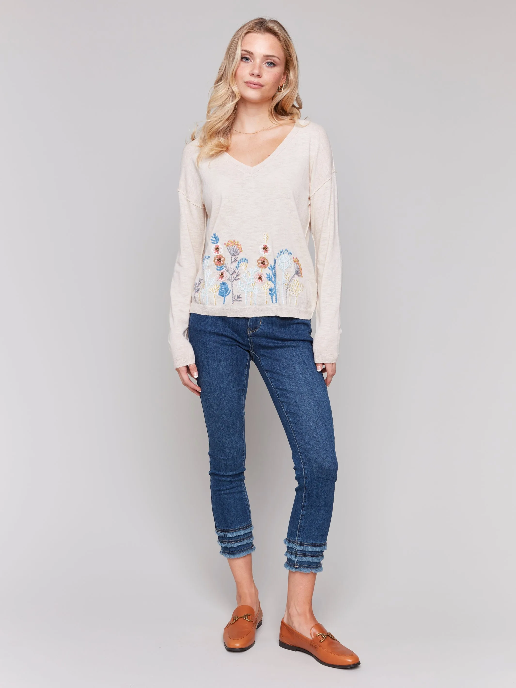 Charlie B Border Embroidered V-Neck Light Cotton Sweater - C2802