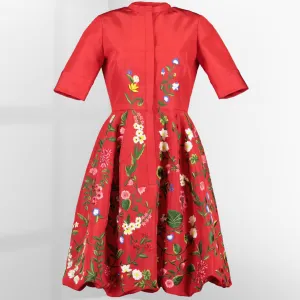 Oscar de la Renta Silk Red Floral Embroidered Bubble Hem Dress  US 4