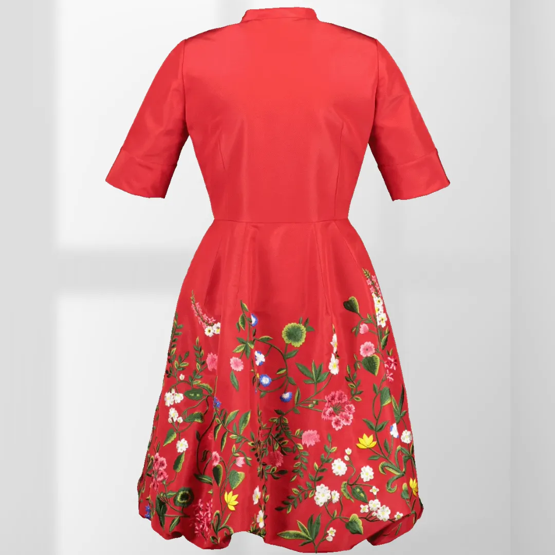Oscar de la Renta Silk Red Floral Embroidered Bubble Hem Dress  US 4